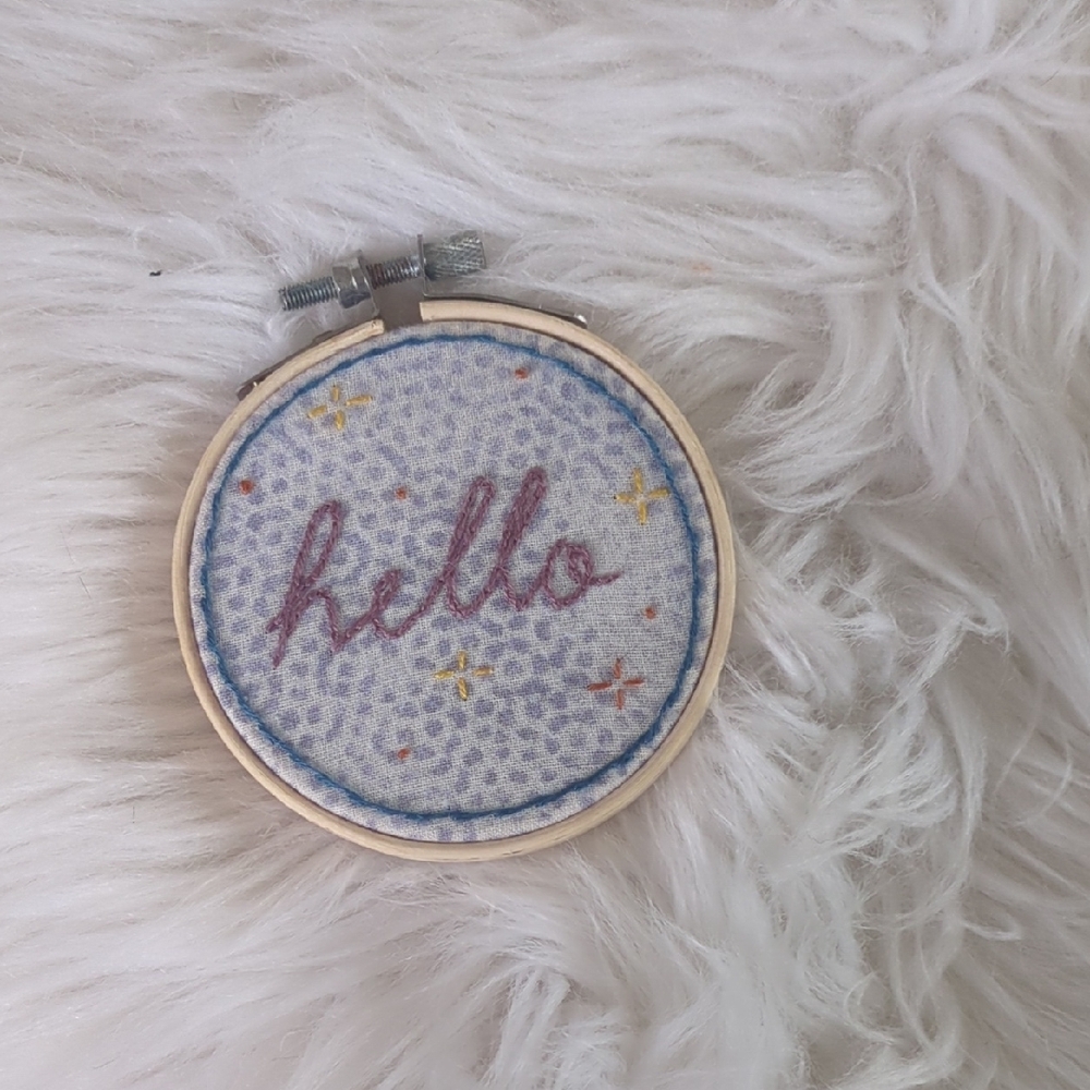 Handmade Embroidered 'Hello' Hoop Art